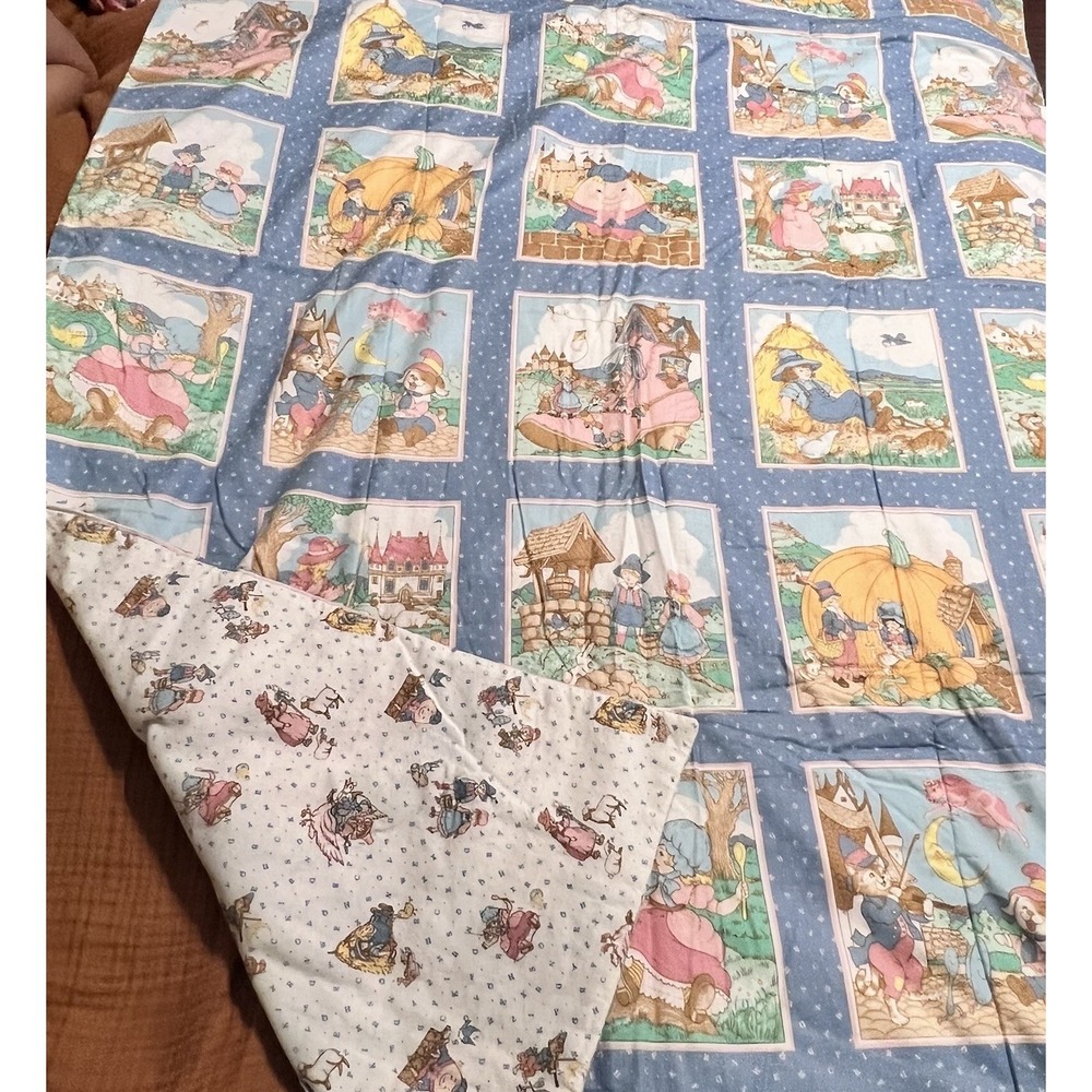Vintage Mother Goose Nursery Rhyme Baby Quilt Crib Blanket Throw 66X41 Patchwork